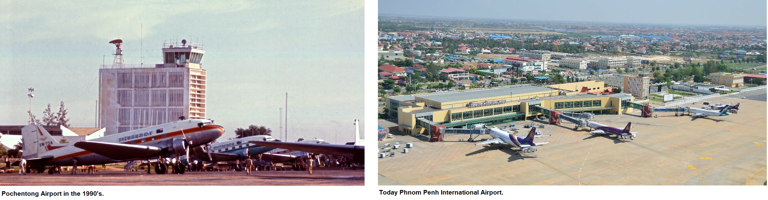Phnom Penh International Airport in the 1990s and today.jpg